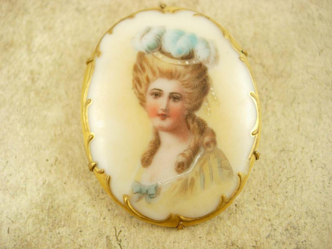 Antique Portrait brooch Hand painted 24kt gilt Porcelain cameo with c Clasp