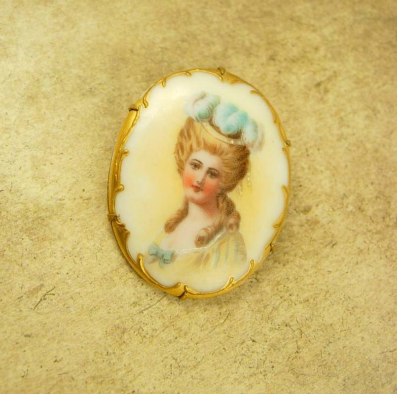 Antique Portrait brooch Hand painted 24kt gilt Porcelain cameo with c Clasp