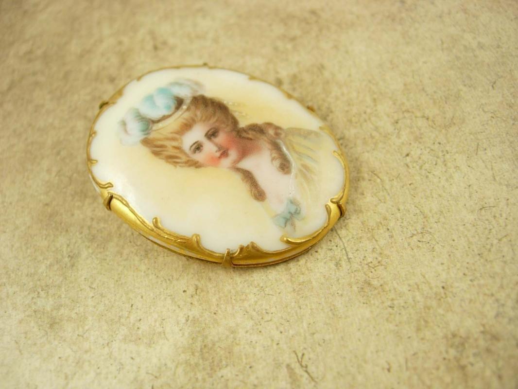 Antique Portrait brooch Hand painted 24kt gilt Porcelain cameo with c Clasp