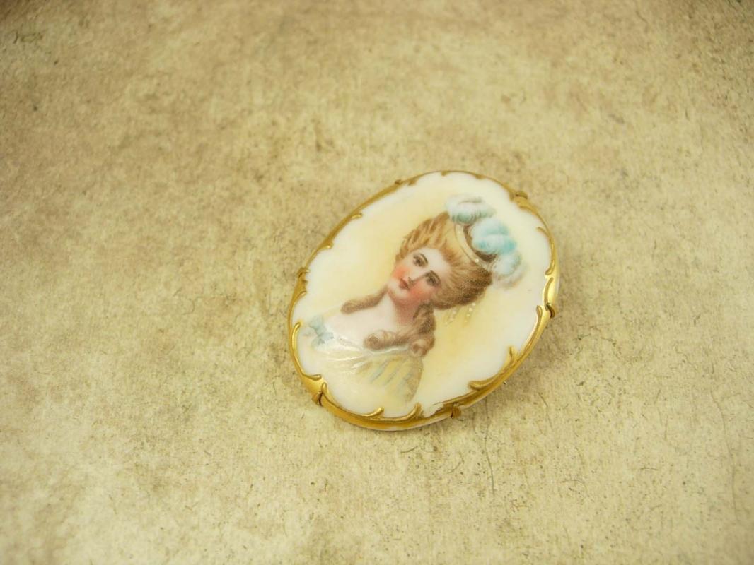 Antique Portrait brooch Hand painted 24kt gilt Porcelain cameo with c Clasp