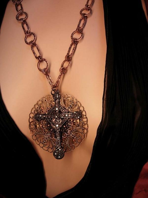 Medieval Marcasite Cross necklace Religious medal with Ornate Chain