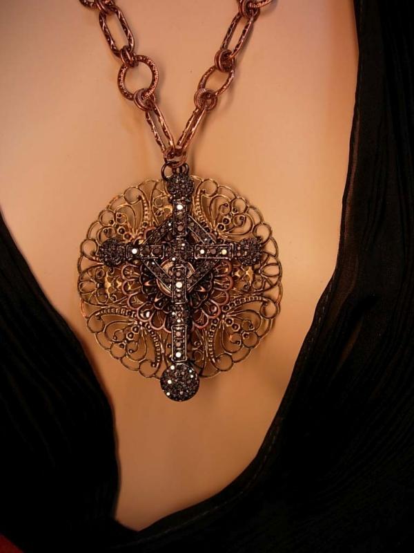 Medieval Marcasite Cross necklace Religious medal with Ornate Chain