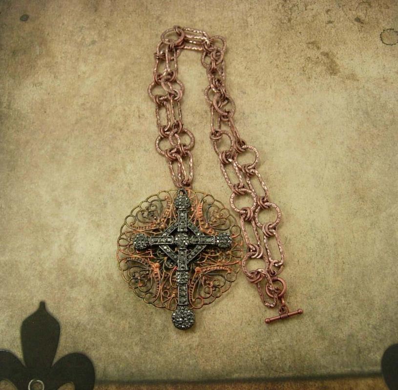 Medieval Marcasite Cross necklace Religious medal with Ornate Chain