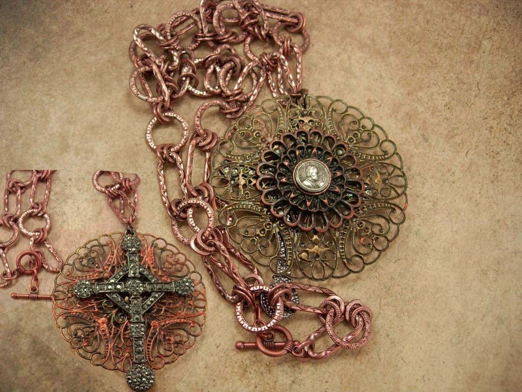 Medieval Marcasite Cross necklace Religious medal with Ornate Chain