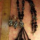 Vintage Hattie Carnegie Necklace earrings rhinestone egg BLack flapper glass beads