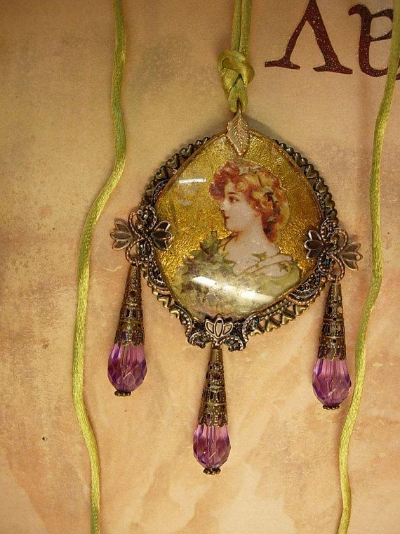 Victorian Goddess gold gilt necklace with long purple drops