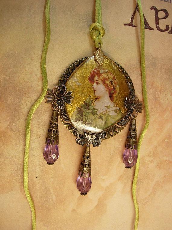 Victorian Goddess gold gilt necklace with long purple drops