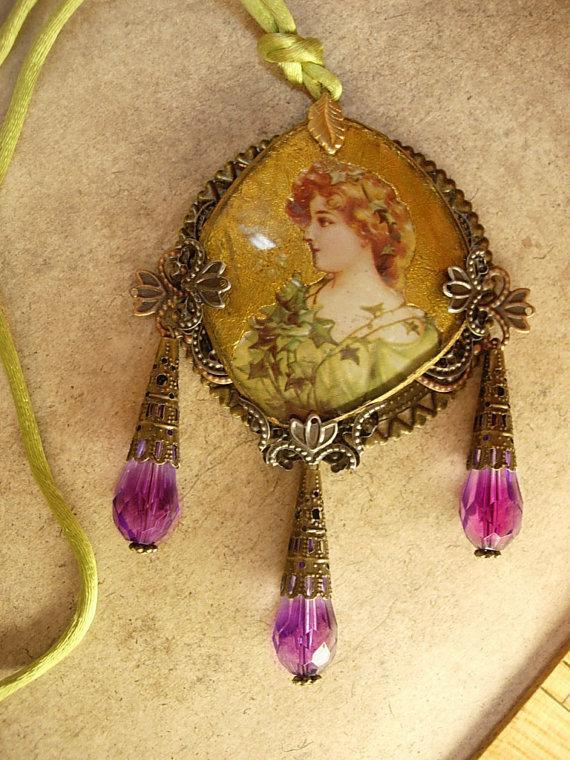 Victorian Goddess gold gilt necklace with long purple drops
