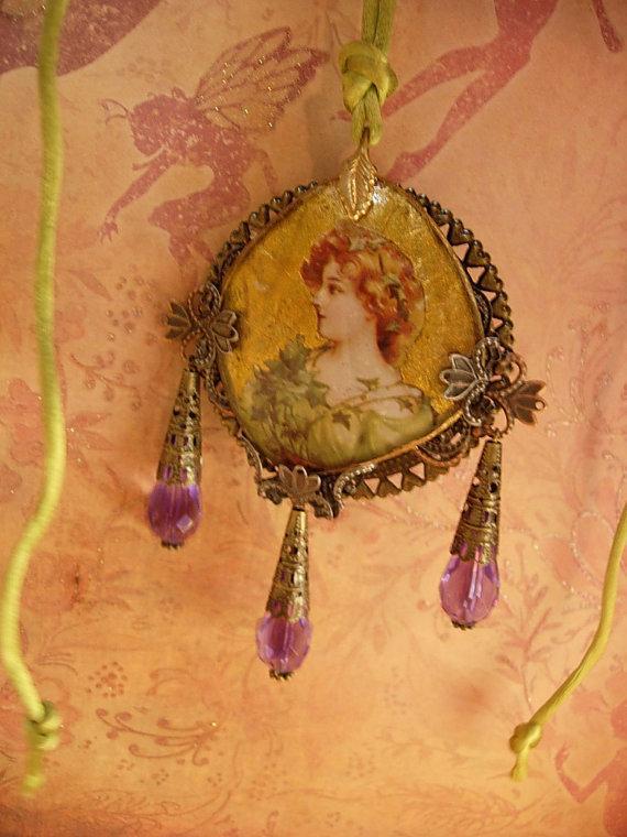 Victorian Goddess gold gilt necklace with long purple drops