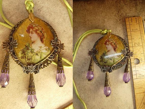 Victorian Goddess gold gilt necklace with long purple drops