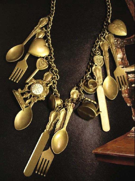 Whimsical mantle clock large folk art skeleton key Locket charm pendant necklace