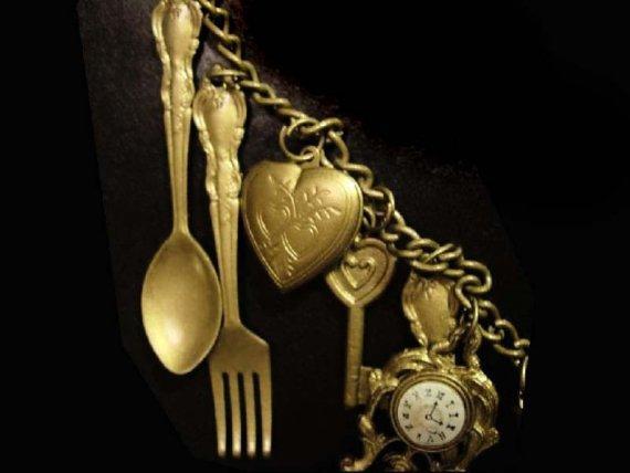Whimsical mantle clock large folk art skeleton key Locket charm pendant necklace