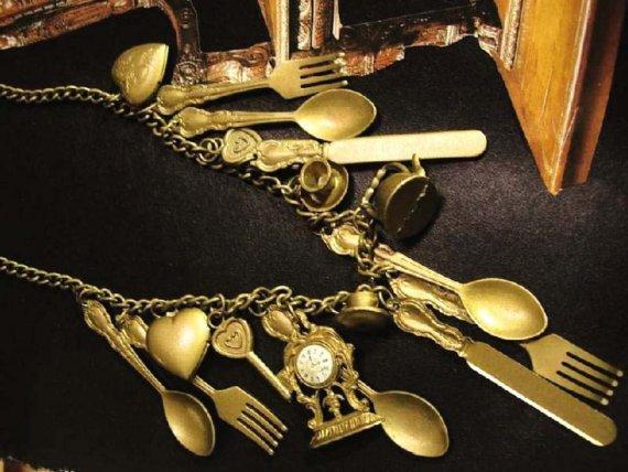 Whimsical mantle clock large folk art skeleton key Locket charm pendant necklace
