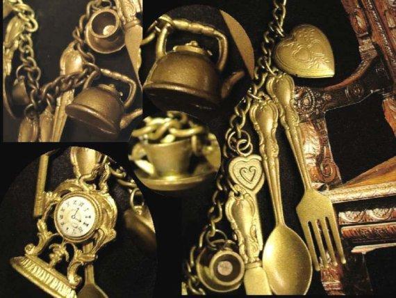 Whimsical mantle clock large folk art skeleton key Locket charm pendant necklace