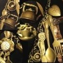 Whimsical mantle clock large folk art skeleton key Locket charm pendant necklace