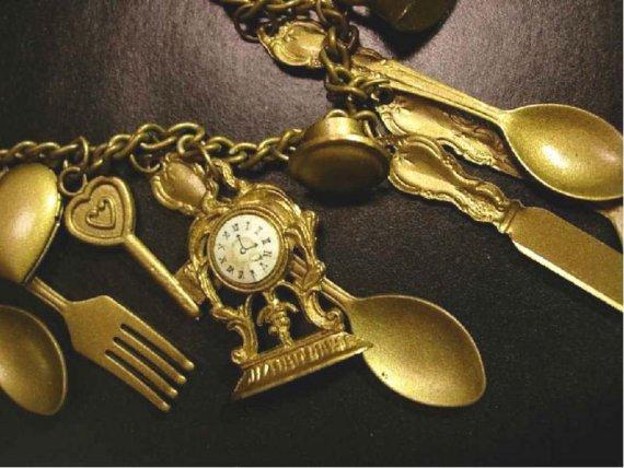 Whimsical mantle clock large folk art skeleton key Locket charm pendant necklace