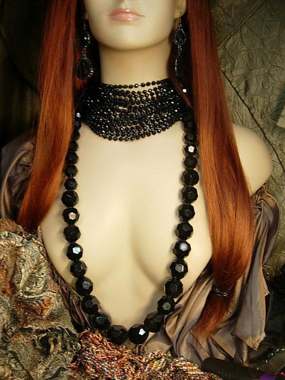 BLack Flapper necklace set 8 strand black beads with shoulder duster earrings and bonus necklace