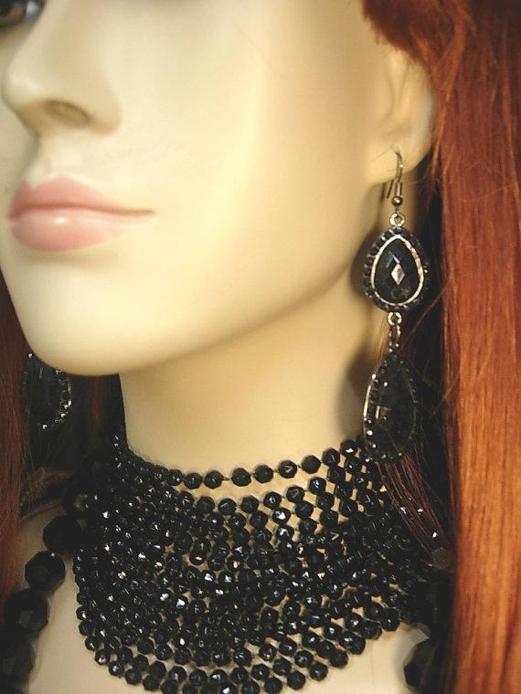 BLack Flapper necklace set 8 strand black beads with shoulder duster earrings and bonus necklace