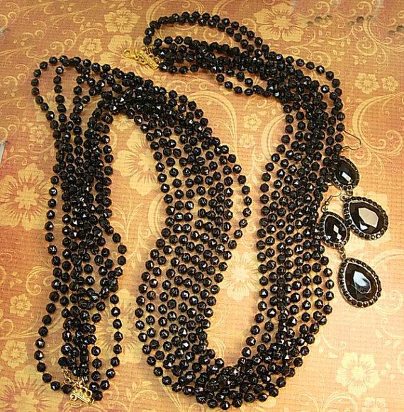 BLack Flapper necklace set 8 strand black beads with shoulder duster earrings and bonus necklace