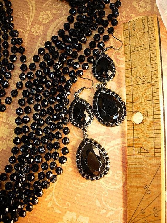 BLack Flapper necklace set 8 strand black beads with shoulder duster earrings and bonus necklace