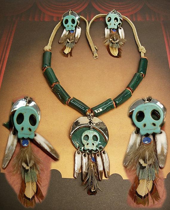 Primitive Indian Skull necklace & earrings terra cotta beads feather talisman
