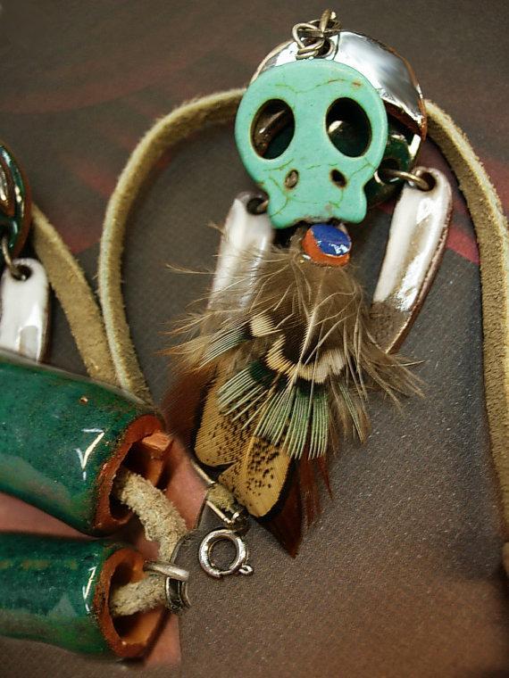 Primitive Indian Skull necklace & earrings terra cotta beads feather talisman