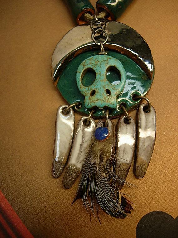Primitive Indian Skull necklace & earrings terra cotta beads feather talisman