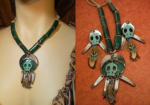Primitive Indian Skull necklace & earrings terra cotta beads feather talisman