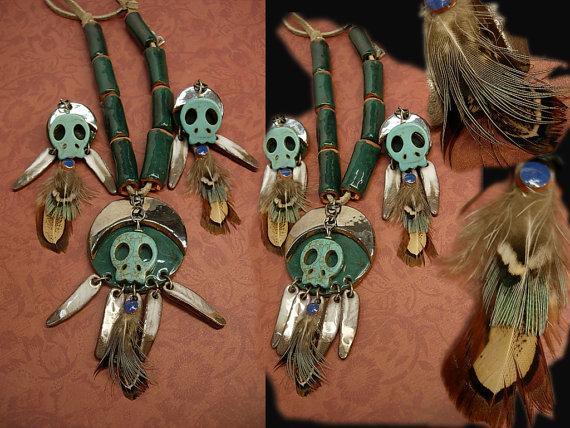 Primitive Indian Skull necklace & earrings terra cotta beads feather talisman