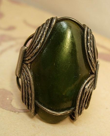 Vintage Medieval Green stone ring Huge gothic setting