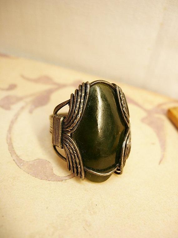 Vintage Medieval Green stone ring Huge gothic setting