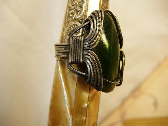 Vintage Medieval Green stone ring Huge gothic setting