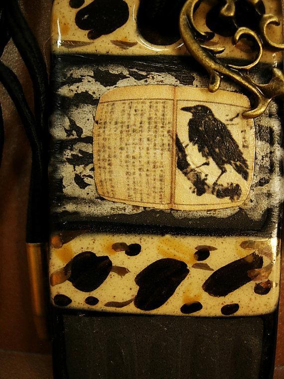 Nevermore Gothic raven necklace Black and leopard glaze Skeleton key charm