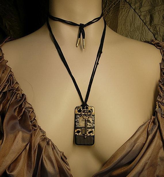 Nevermore Gothic raven necklace Black and leopard glaze Skeleton key charm