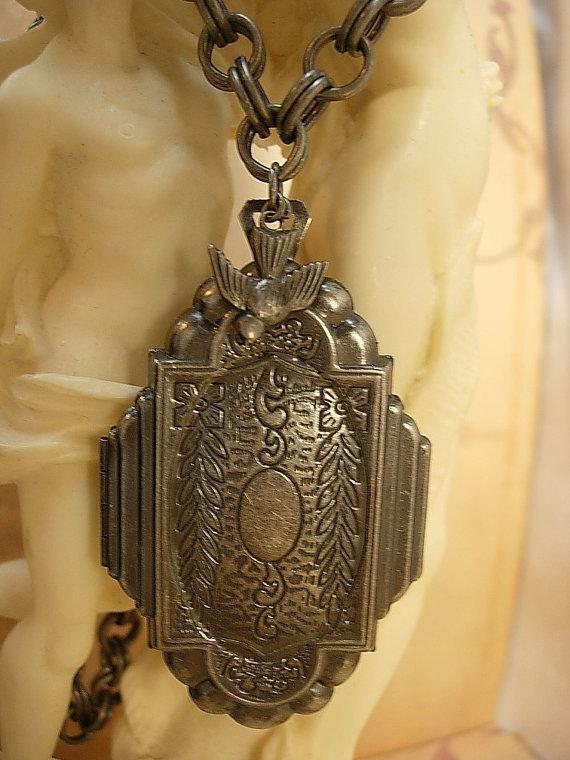 Sacred Dove Deco Locket NEcklace Saint d'Esprit Espirit dove Gunmetal chain Flapper portrait