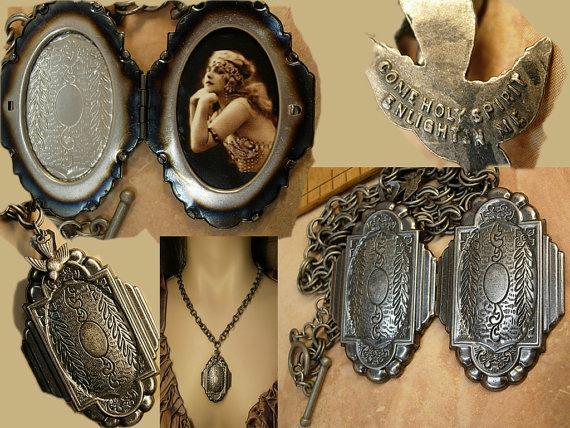 Sacred Dove Deco Locket NEcklace Saint d'Esprit Espirit dove Gunmetal chain Flapper portrait