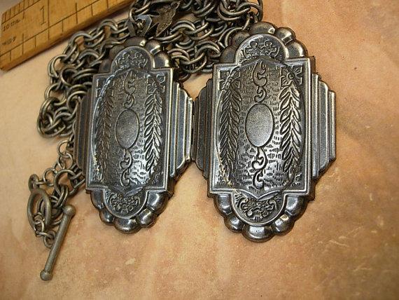 Sacred Dove Deco Locket NEcklace Saint d'Esprit Espirit dove Gunmetal chain Flapper portrait