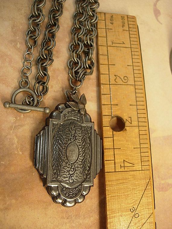 Sacred Dove Deco Locket NEcklace Saint d'Esprit Espirit dove Gunmetal chain Flapper portrait