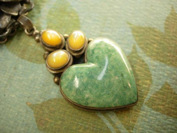 Antique Sterling Moonstone Heart Necklace Sweetheart malachite drop ornate chain