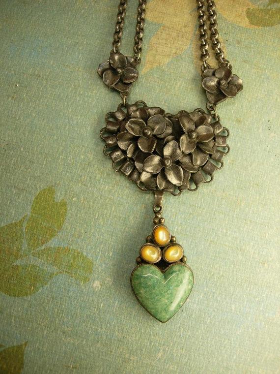 Antique Sterling Moonstone Heart Necklace Sweetheart malachite drop ornate chain
