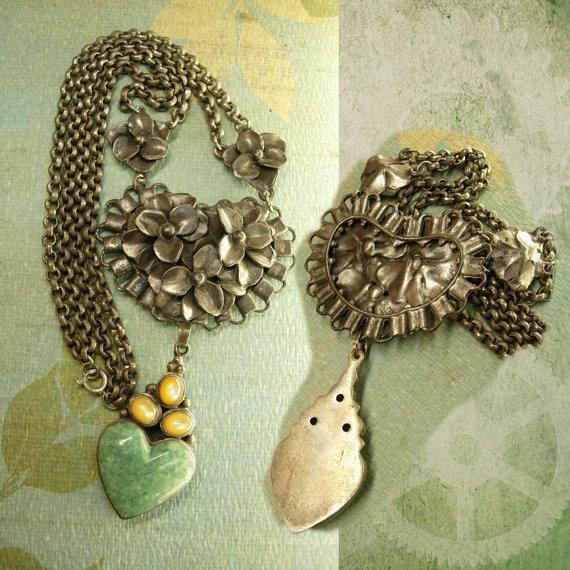 Antique Sterling Moonstone Heart Necklace Sweetheart malachite drop ornate chain