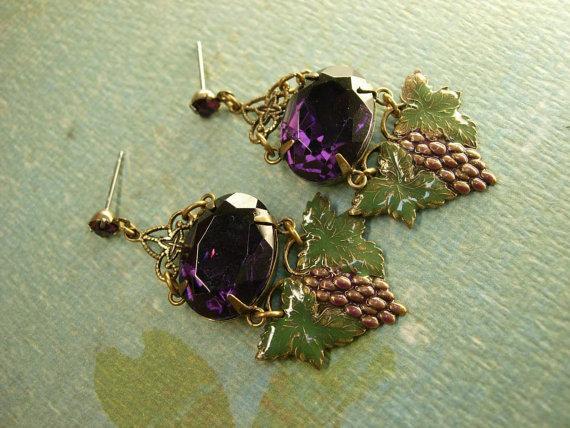 VIntage Goddess Gorgeous enamel and Purple chandelier Rhinestone earrings nouveau drops rhinestone studs