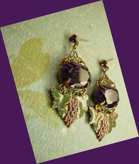 VIntage Goddess Gorgeous enamel and Purple chandelier Rhinestone earrings nouveau drops rhinestone studs