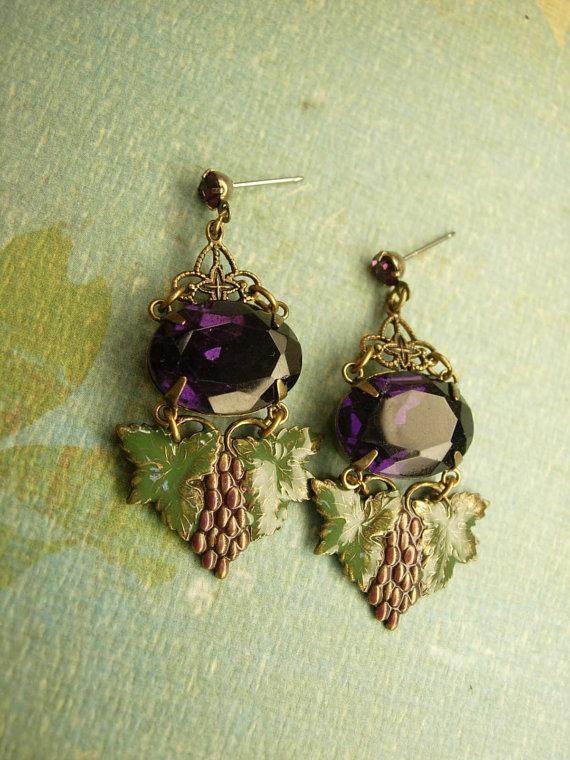 VIntage Goddess Gorgeous enamel and Purple chandelier Rhinestone earrings nouveau drops rhinestone studs