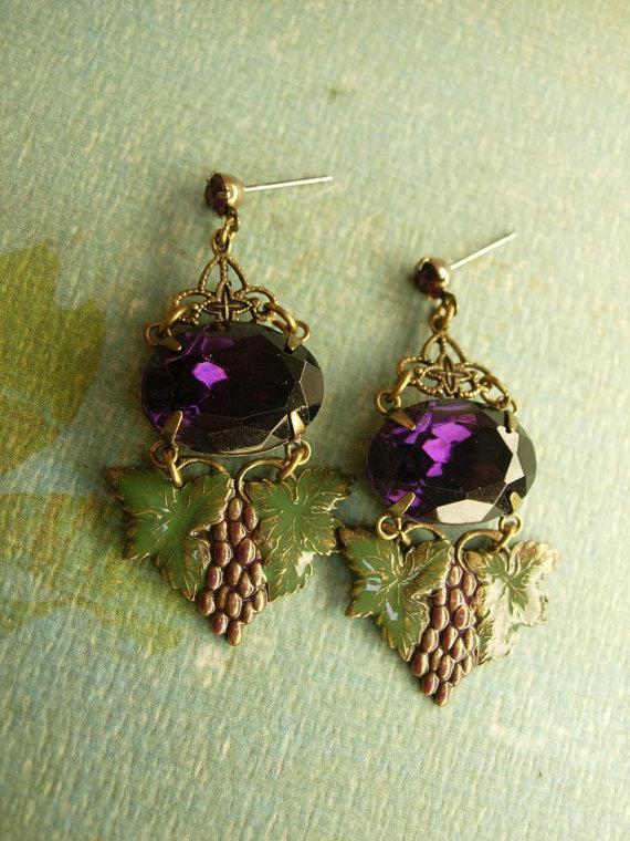 VIntage Goddess Gorgeous enamel and Purple chandelier Rhinestone earrings nouveau drops rhinestone studs