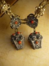 Vintage Chinese silver and coral etruscan fob earrings