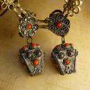 Vintage Chinese silver and coral etruscan fob earrings