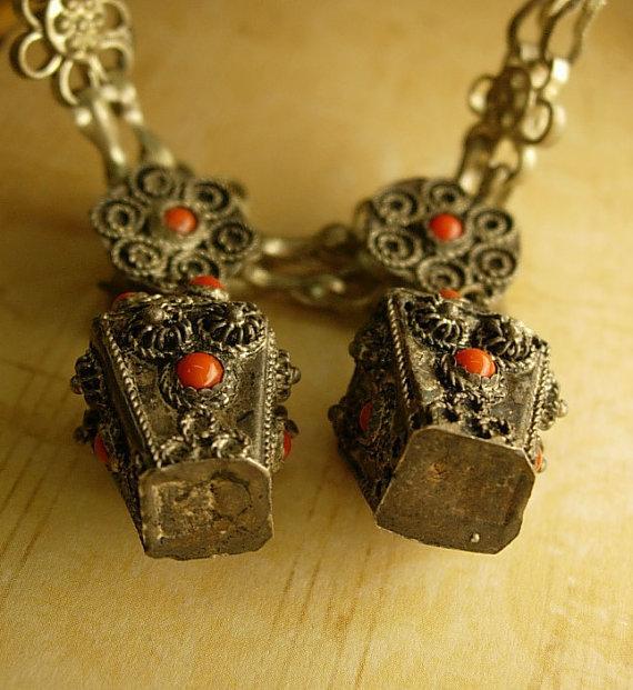 Vintage Chinese silver and coral etruscan fob earrings