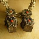 Vintage Chinese silver and coral etruscan fob earrings