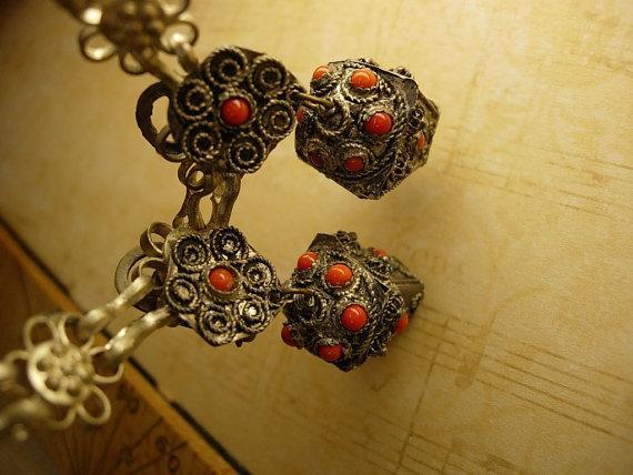 Vintage Chinese silver and coral etruscan fob earrings